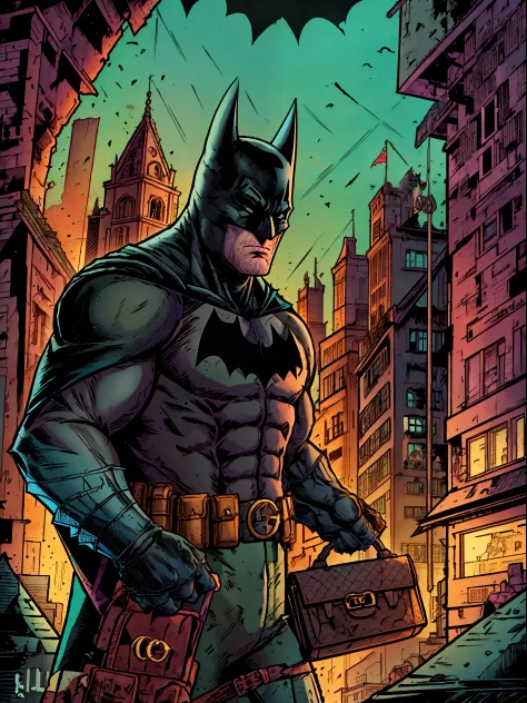 batman confidently stands atop the towering buildings of gotham city, displaying his unparalleled vigilante abilities. gripping ...