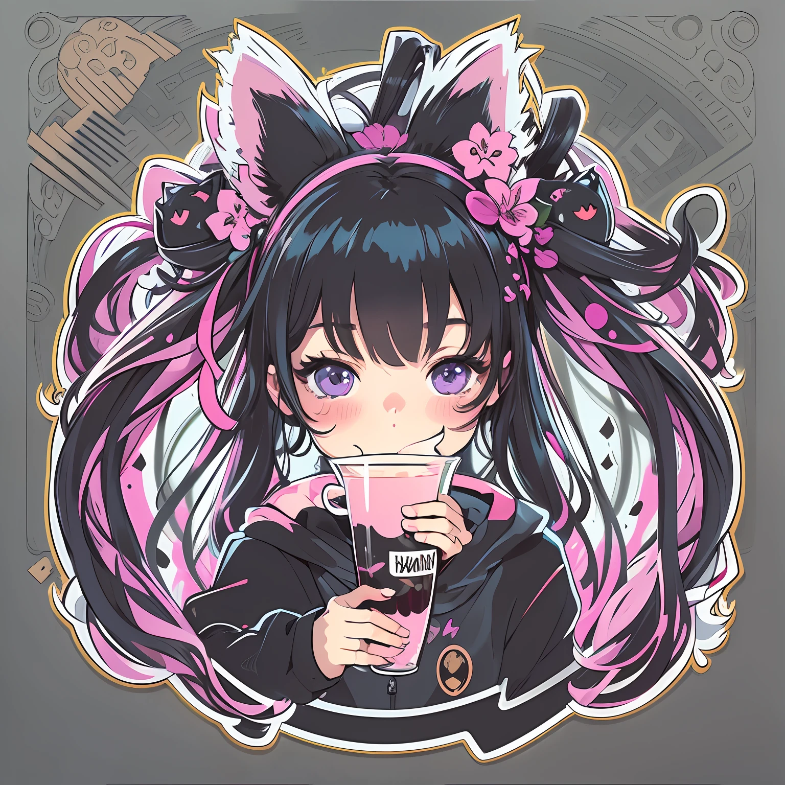 Sticker, Cute anime girl head, Long black hair style,Deep purple eyes，Black cat ears, cute clothing， Drinking tea, in circle, White background, Bright pink, Simple, Ultra detailed, Detailed drawing, vectorised, Silhouette, 8K, professional sticker design, Flat design, Vector lines, Sticker, Drawing, Drawing, Full-HD