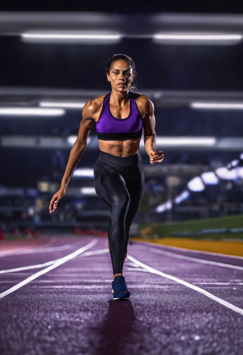 A woman running on a track in a purple sports bra top - SeaArt AI