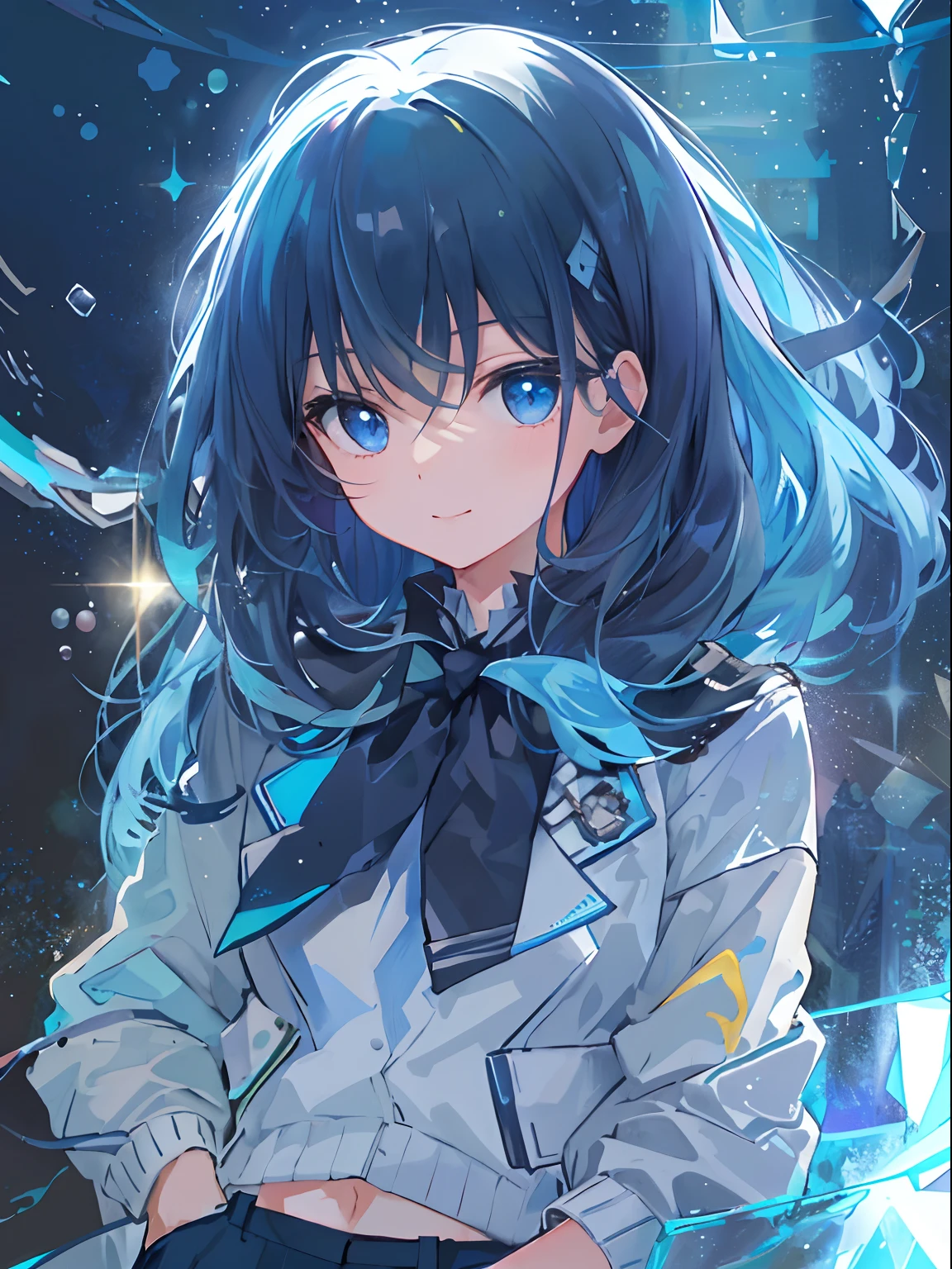 ((top-quality)), ((​masterpiece)), ((Ultra-detail)), (extremely delicate and beautiful), girl with, solo, cold attitude,((Black jacket)),She is very(relax)with  the(Settled down)Looks,A darK-haired, depth of fields,evil smile,Bubble, under the water, Air bubble,bright light blue eyes,Inner color with light blue hair and dark blue tips,Cold background,Bob Hair - Linear Art, shortpants、knee high socks、White uniform like 、Light blue ribbon ties、Clothes are sheer、Hands in pockets