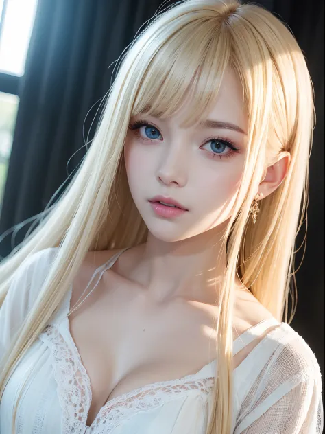 The most beautiful bright blonde hair in the world、bright expression、Beautiful bangs、Super long straight hair、Beautiful clear br...