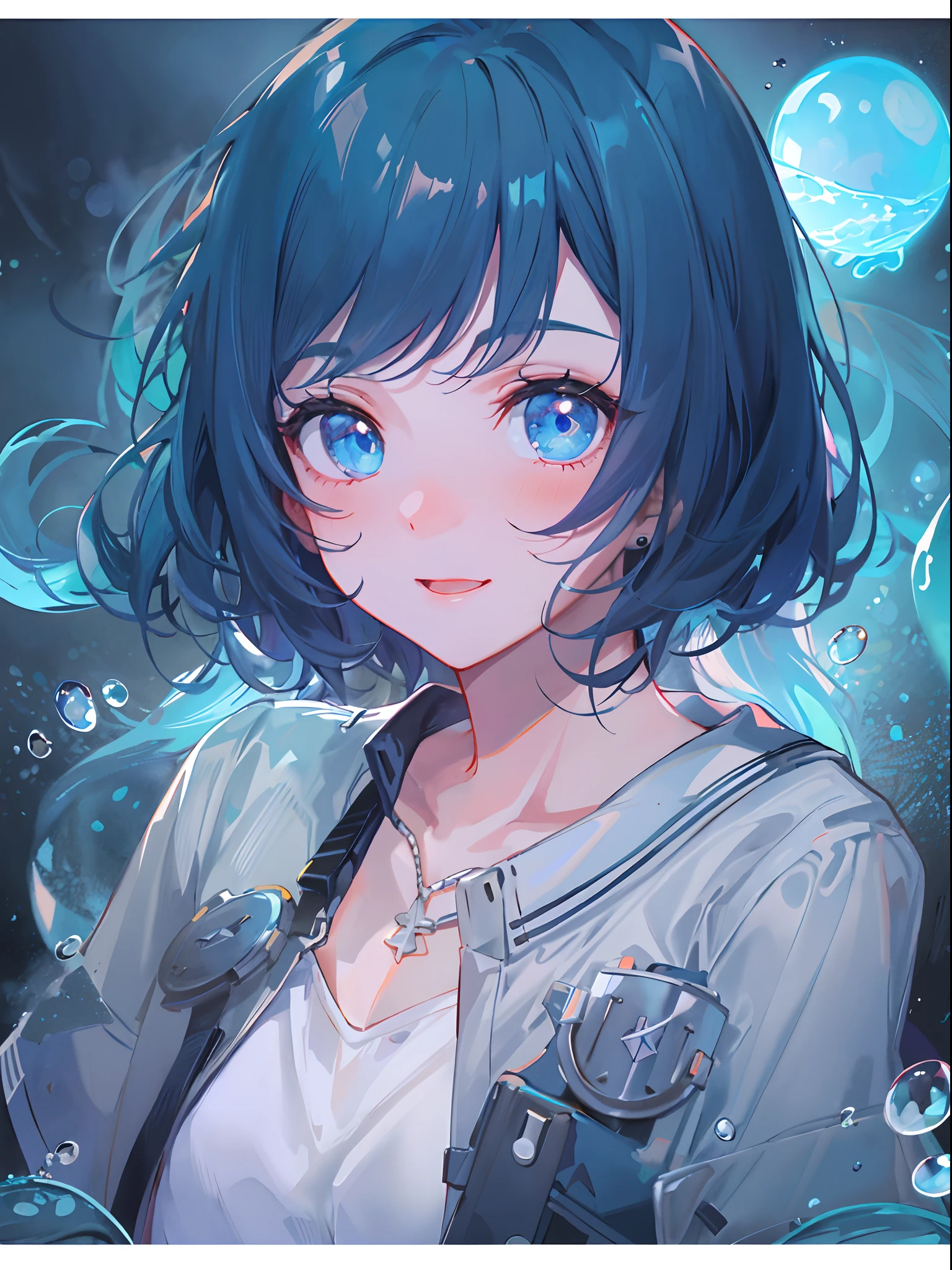 ((top-quality)), ((​masterpiece)), ((Ultra-detail)), (extremely delicate and beautiful), girl with, solo, cold attitude,((Black jacket)),She is very(relax)with  the(Settled down)Looks,A darK-haired, depth of fields,evil smile,Bubble, under the water, Air bubble,bright light blue eyes,Inner color with light blue hair and dark blue tips,Cold background,Bob Hair - Linear Art, shortpants、knee high socks、White uniform like 、Light blue ribbon ties、Clothes are sheer、Hands in pockets