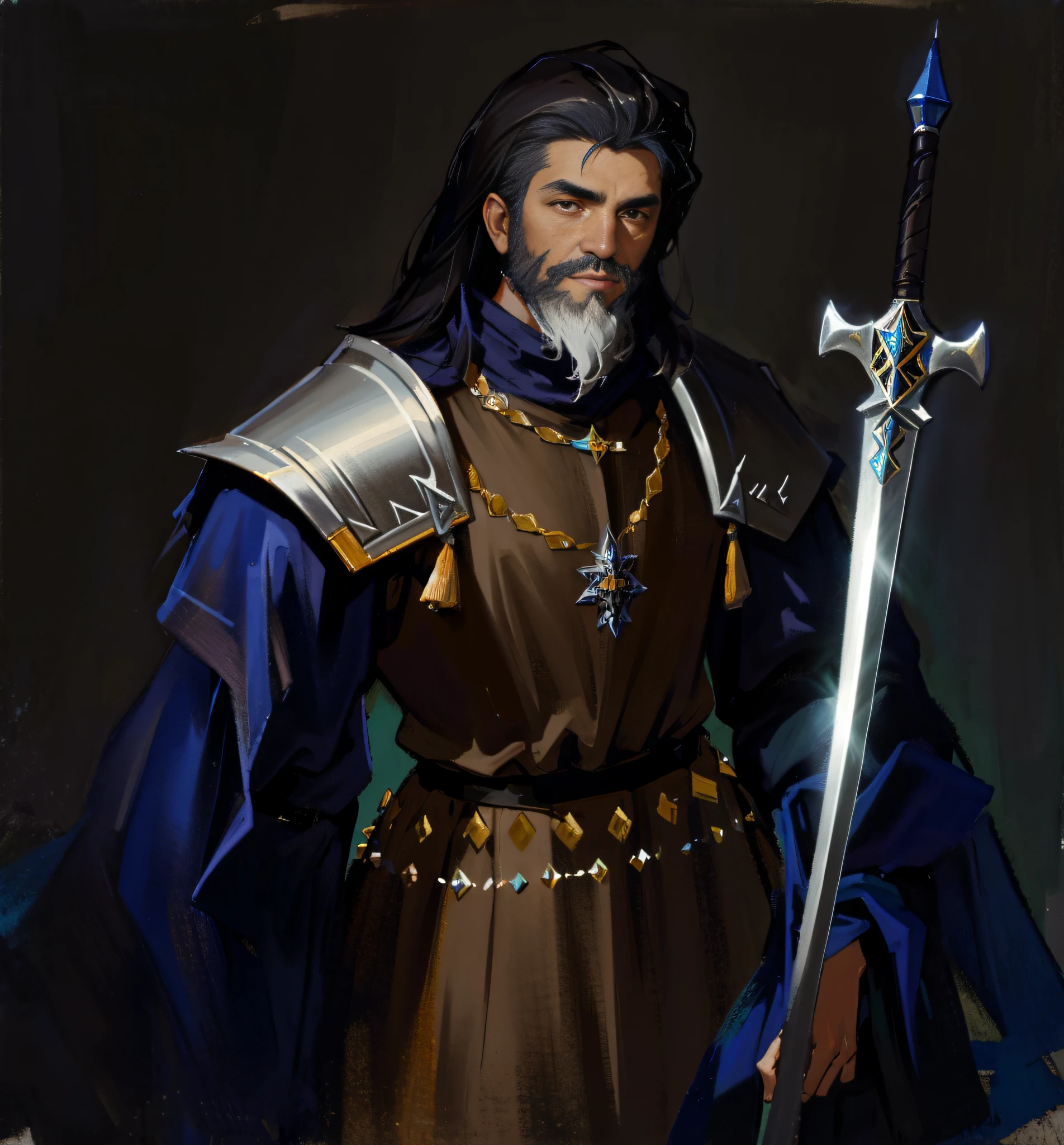 fantasy character portrait, Character concept art portrait, Epic, Beautifully crafted characters ,,a close up of a man in armor holding a sword, Portrait of a knight, Portrait of a knight, RPG portrait concept art, Fantasy character portraits, Art portrait fantasy concept, 《the witcher》Artistically, full portrait of magical knight, A human male paladin, picture of a male cleric,  medieval, Side view, Dark background, Masterpiece, author：Rembrandt, (Chiaroscuro:1.2), 40 I, Arabian with a beard