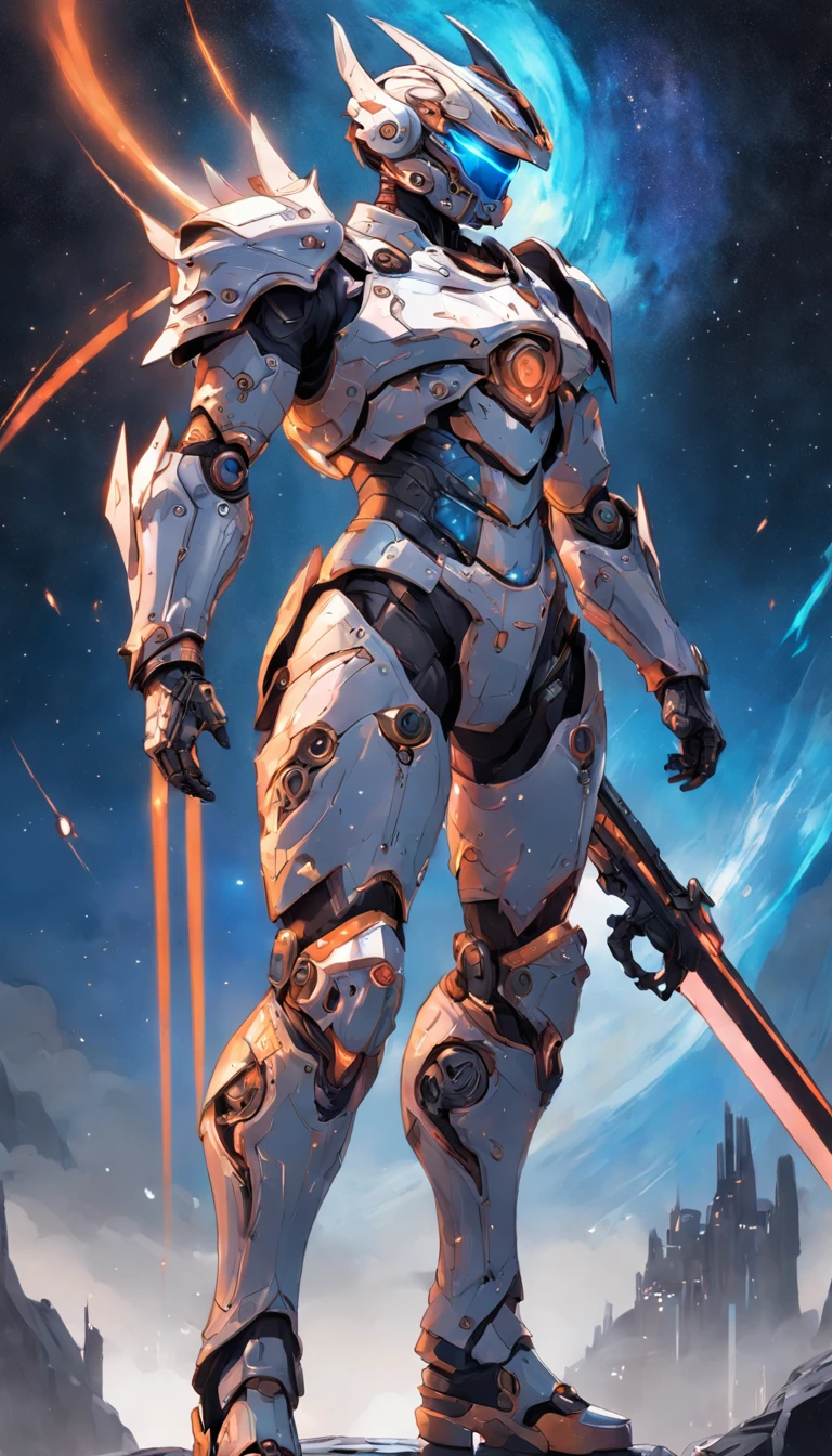 (a giant knight in multicolored with giant glowing X ray swords,Gothic Knight:1.45),(gears+Hanfu armor+huge breast+abdominal muscle+chest armor+side jet hole),Aerial view,Concept art,sky,starry sky,nebula,black hole,(cyberpunk style armor and helmet with relief,full body cover armor and helmet,Full body streamlined mechanical appearance design, seamless welding:1.25),in the style of sci-fi anime,intricate details, elaborate detailing, mecha anime, sharp & vivid colors, celestialpunk, glass as material,line art , illustration, manga style, As you float weightlessly in the darkness of space, you can't help but feel a sense of awe at the incredible technology that surrounds you. Your space suit, designed with the latest in advanced materials and features, is the key to your survival out here in the vast expanse.The line art blueprint projected in front of you shows the sleek, form-fitting design of the suit,