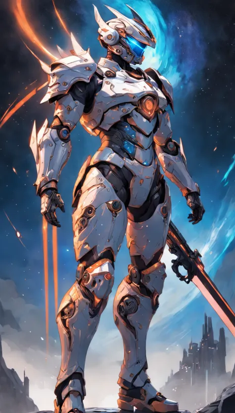 (a giant knight in multicolored with giant glowing X ray swords,Gothic Knight:1.45),(gears+Hanfu armor+huge breast+abdominal muscle+chest armor+side jet hole),Aerial view,Concept art,sky,starry sky,nebula,black hole,(cyberpunk style armor and helmet with relief,full body cover armor and helmet,Full body streamlined mechanical appearance design, seamless welding:1.25),in the style of sci-fi anime,intricate details, elaborate detailing, mecha anime, sharp & vivid colors, celestialpunk, glass as material,line art , illustration, manga style, As you float weightlessly in the darkness of space, you can't help but feel a sense of awe at the incredible technology that surrounds you. Your space suit, designed with the latest in advanced materials and features, is the key to your survival out here in the vast expanse.The line art blueprint projected in front of you shows the sleek, form-fitting design of the suit,