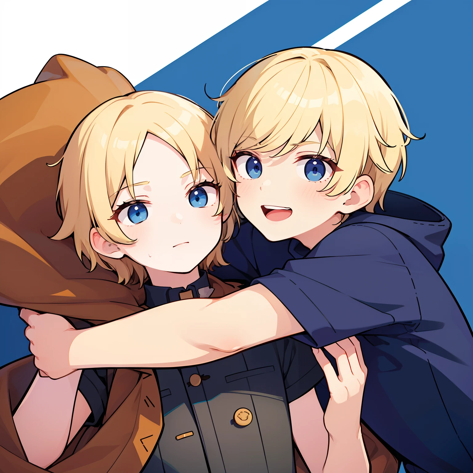 superfine illustration,Animated,1boy,man,Man's,gay,Yaoi,Guy,man,Man's,Short hair,Curly hair,Parted bangs,Blonde hair,Blue eyes,White skin,arms around neck