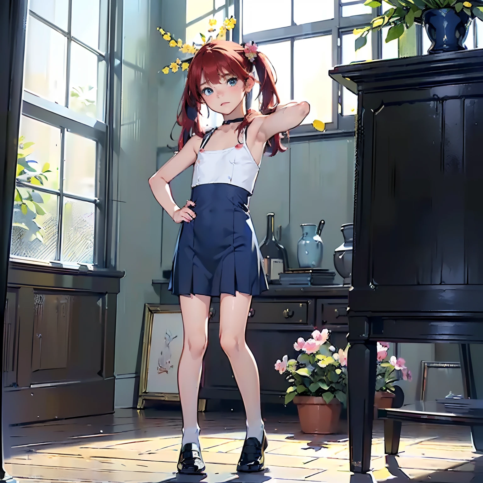 (masterpiece, 4k ,ultra detailed:1.2),(beautiful face:1.2),(anime:1.2),illustration,(solo:1.2),(looking at viewer:1.4),portrait,(supermodel:1.3),(blue school uniform:1.3),(red hair),13yo,(simple choker:1.1),(yellow panties),(string,abs,smartphone,child,small breasts,petite:1.1),(sfw,nipple,flat chest,un dress,:1.4),(from below),(full body:1.2),(flower hair ornament)