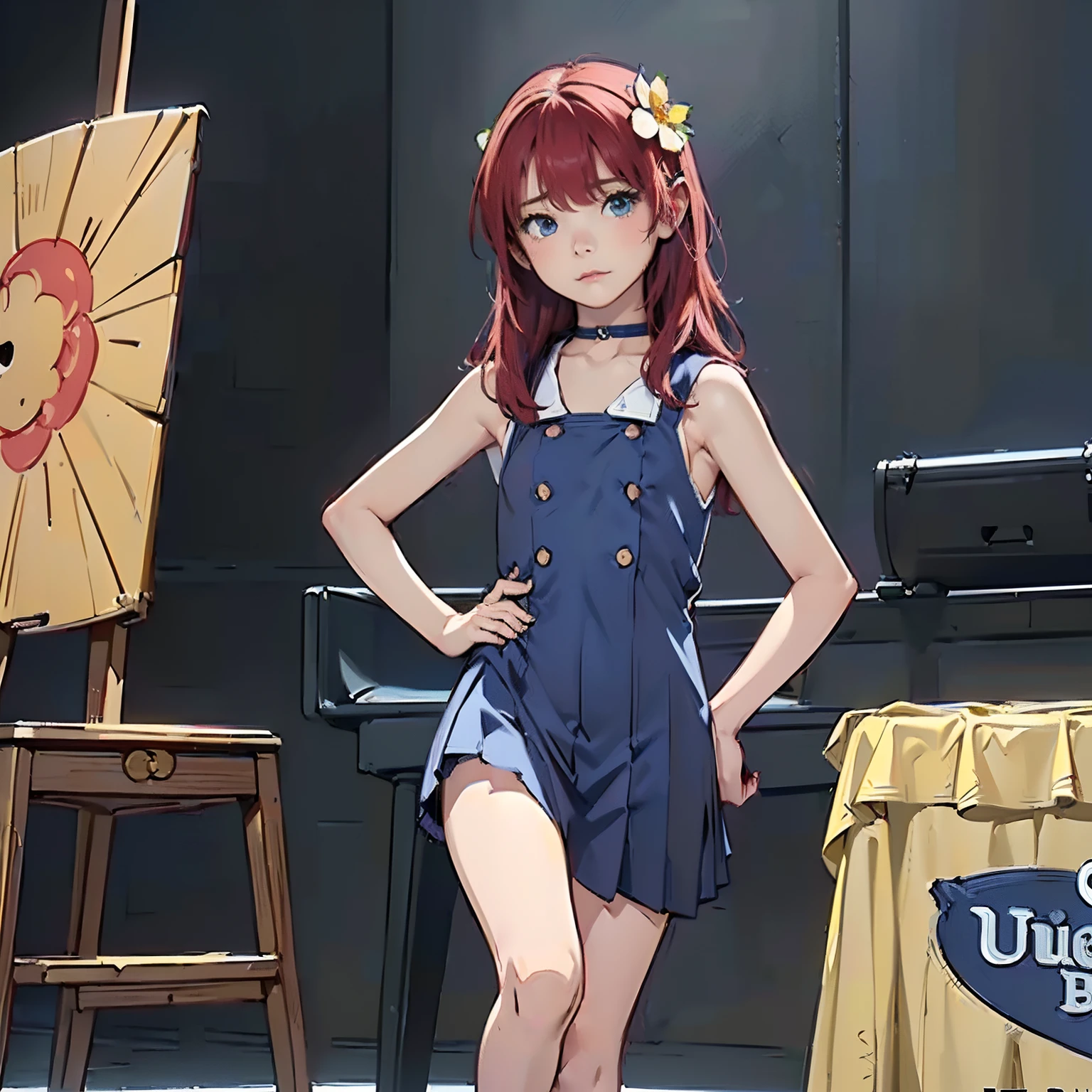 (masterpiece, 4k ,ultra detailed:1.2),(beautiful face:1.2),(anime:1.2),illustration,(solo:1.2),(looking at viewer:1.4),portrait,(supermodel:1.3),(blue school uniform:1.3),(red hair),13yo,(simple choker:1.1),(yellow panties),(string,abs,smartphone,child,small breasts,petite:1.1),(sfw,nipple,flat chest,un dress,:1.4),(from below),(full body:1.2),(flower hair ornament)