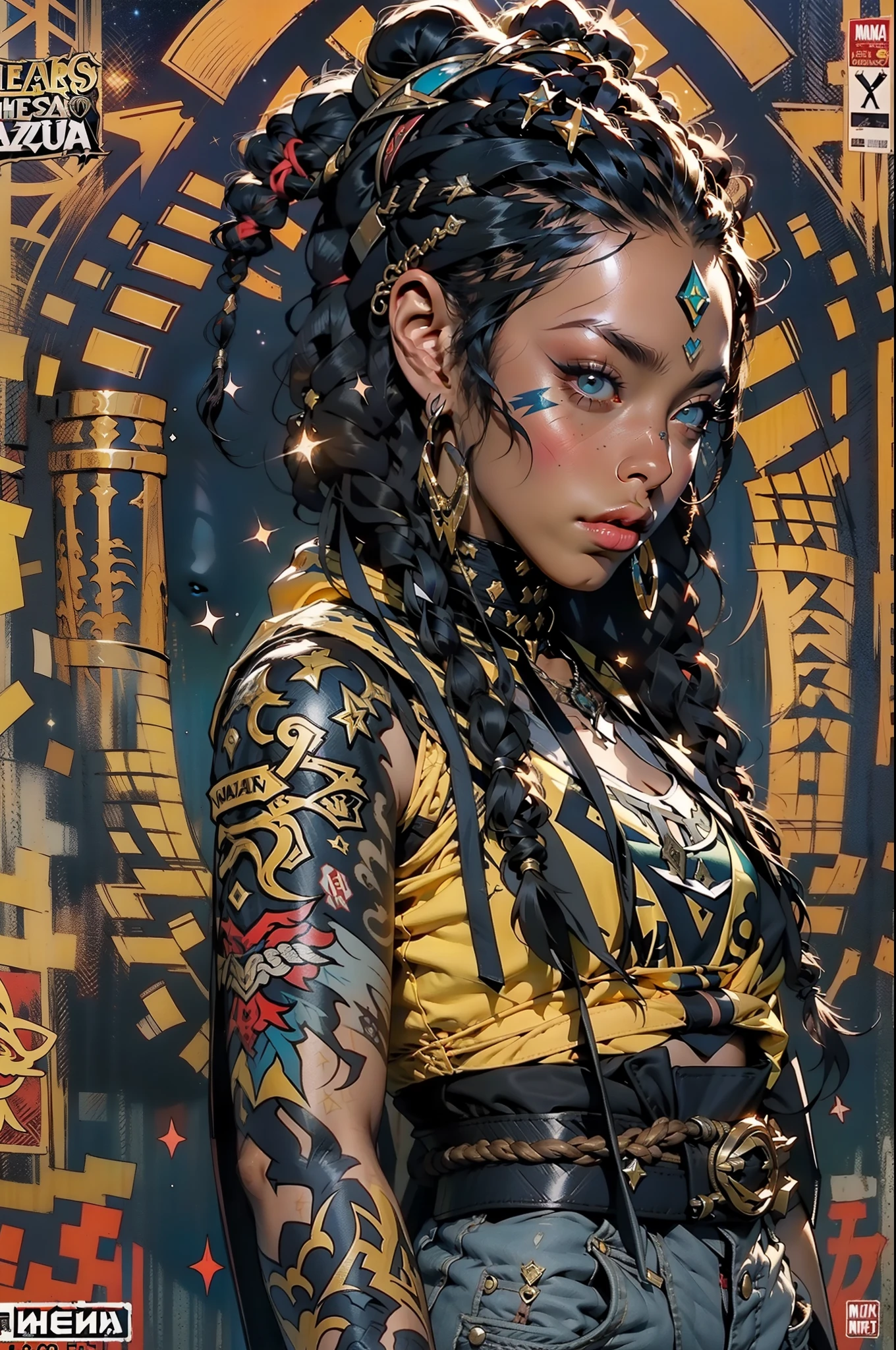 (((mulher))), (((melhor qualidade))), (((obra prima))), (((adulto))), ((( hood ))), Uma guerreira rapper mulher negra com cabelos brancos e com corpo perfeito, Gladiadores do Brooklyn, (( dreadlocks )), ((( Capuz azul com estrelas ))), com as garras do Wolverine, quase nua no estilo selvagem urbano de Simon Bisley para a capa da revista Heavy Metal, cabelo verde, Minimum clothing, red and white checkerboard pattern, armadura, cheio de pontas e rebites, tatuagem tribal, (((do joelho pra cima))), cabelo verde desalinhado