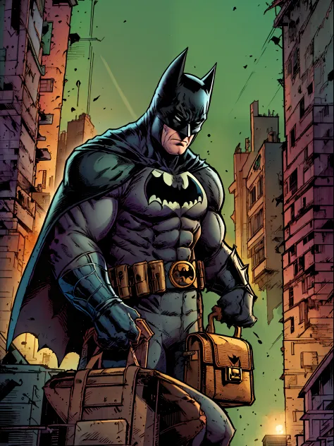 close-up, batman confidently stands atop the towering buildings of gotham city, displaying his unparalleled vigilante abilities....