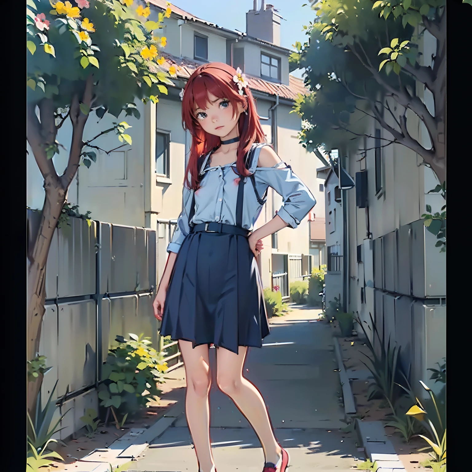 (masterpiece, 4k ,ultra detailed:1.2),(beautiful face:1.2),(anime:1.2),illustration,(solo:1.2),(looking at viewer:1.4),portrait,(supermodel:1.3),(blue school uniform:1.3),(red hair),13yo,(simple choker:1.1),(yellow panties),(string,abs,smartphone,child,small breasts,petite:1.1),(sfw,nipple,flat chest,un dress,:1.4),(from below),(full body:1.2),(flower hair ornament)