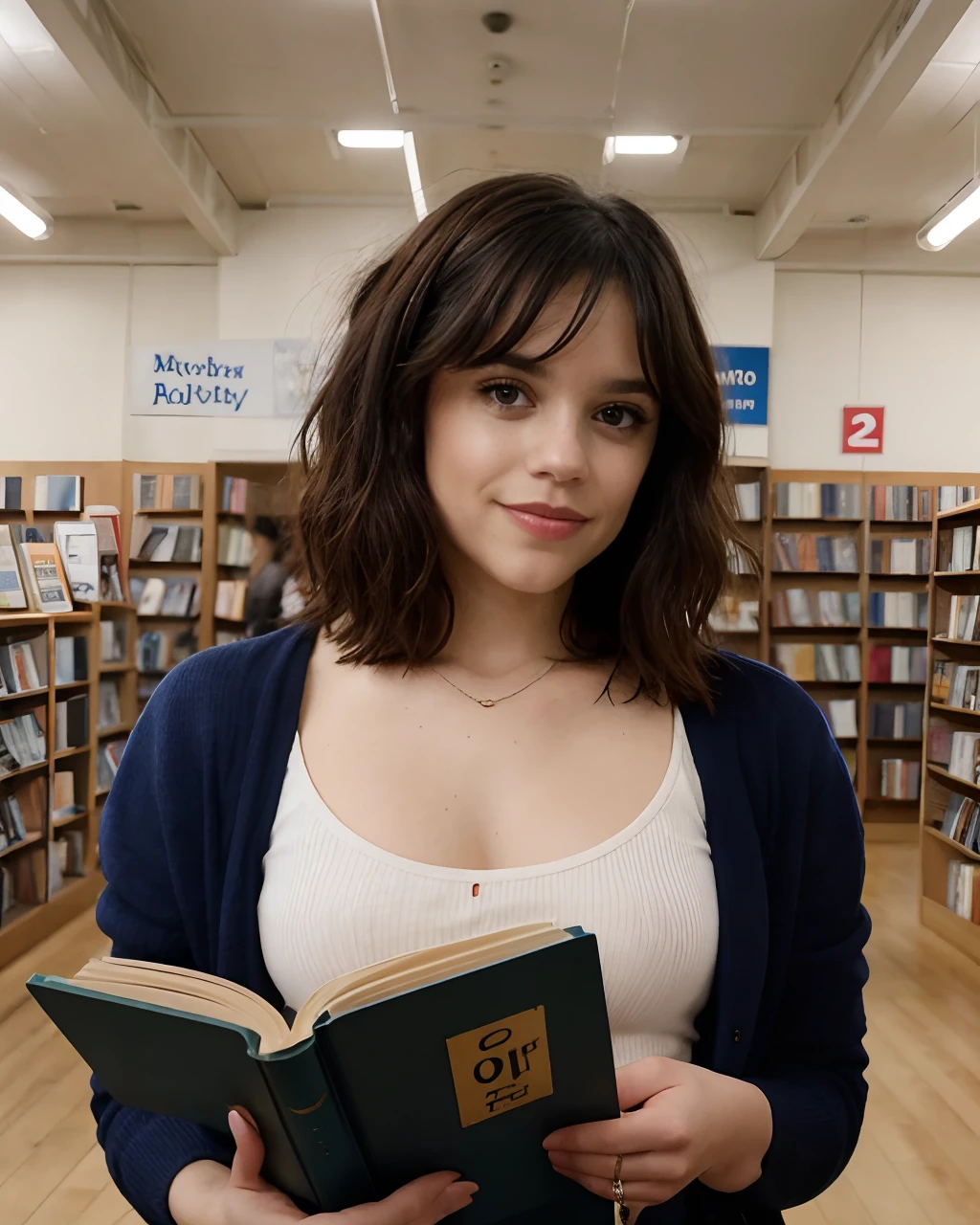 Foto von Jortega in einem stereotypischen französischen Outfit, wie er in einem Buchladen ein Buch liest, Allein, blaue Augen, umgekehrter Bob-Haarschnitt, Glänzende Haut, Ganzkörper, hyperdetailliert, Betrachter betrachten, üppiger Körper, muskulöser Körper, warme Atmosphäre, Foto, Foto-Shooting, Aufgenommen mit einer Panavision Panaflex Platinum-Kamera mit einem sphärischen Panavision Primo Primes-Objektiv 50 mm T1.9