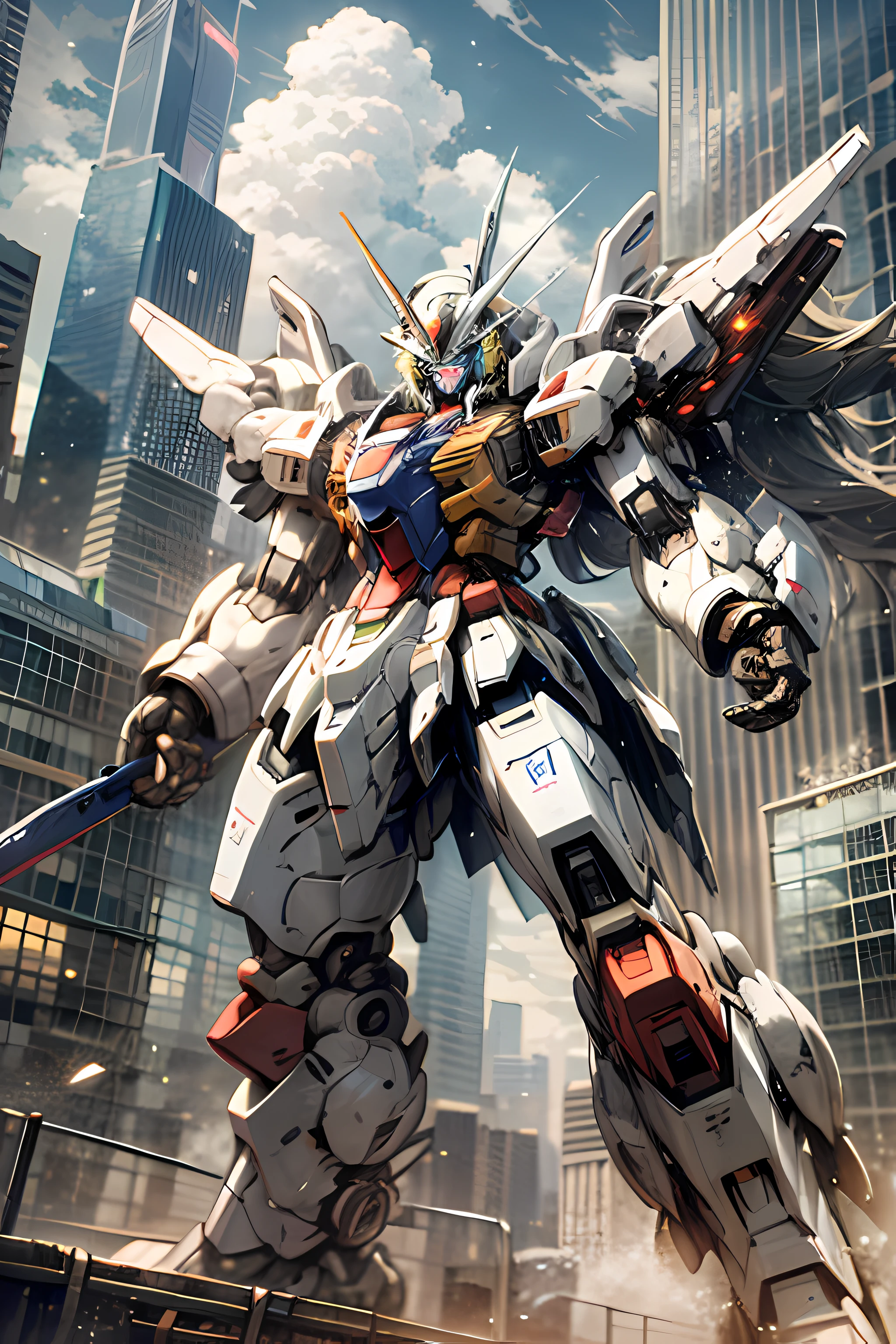 sky, cloud, holding_weapon, no_humans, glowing, robot, building, glowing_eyes, mecha, science_fiction, city, real, mecha, masami ohari, gundam