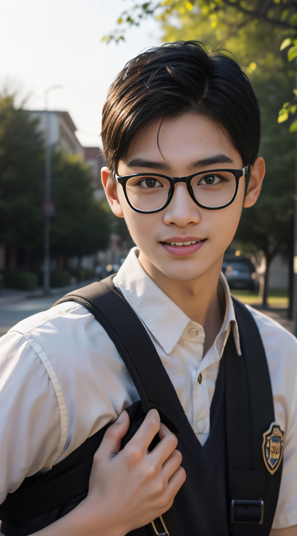 Wirklich, realistisch, Filmbildqualität, super Detaillierung, super Qualität, Super HD, Ein gewöhnlicher männlicher College-Student, Asiatische Jungs, Jungen mittleren Alters, Mit kurzen schwarzen Haaren, braune Brille, doppeltes Augenlid, in Schuluniform, Eine Schultasche tragen, ssmile, Das Gesicht ist voller Freude, Sonnenschein Jungs