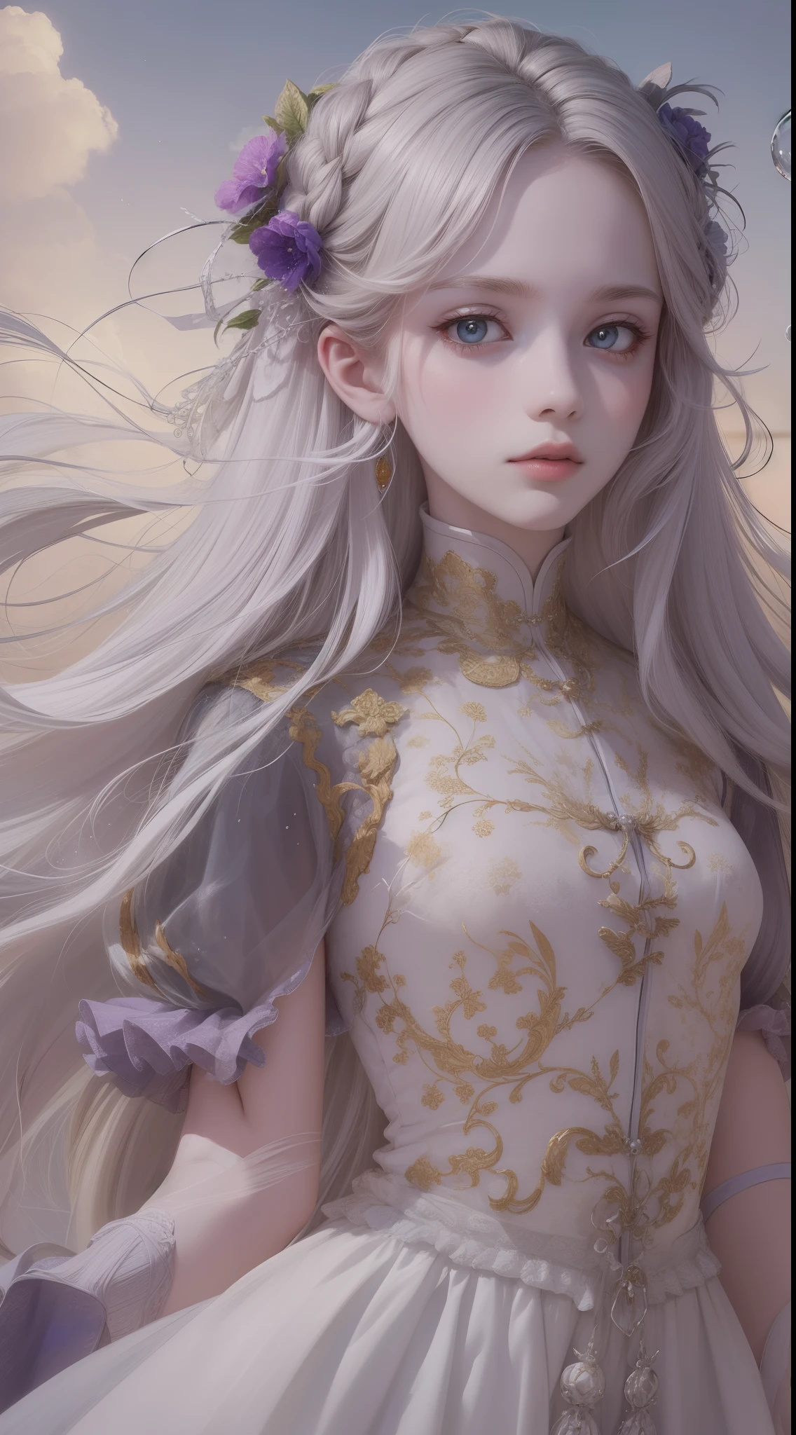 (very detailed CG unity 8k wallpaper, masterpiece, best quality), best illumination, insanely beautiful, floating, girl in white wuxia suits, blue eyes, multicolor hair (silver: 1.3 + red: 1.2 + purple + yellow: 1.3 + green: 1.3), beautiful face, too many drops of water, clouds, twilight, wide angle, watercolor.