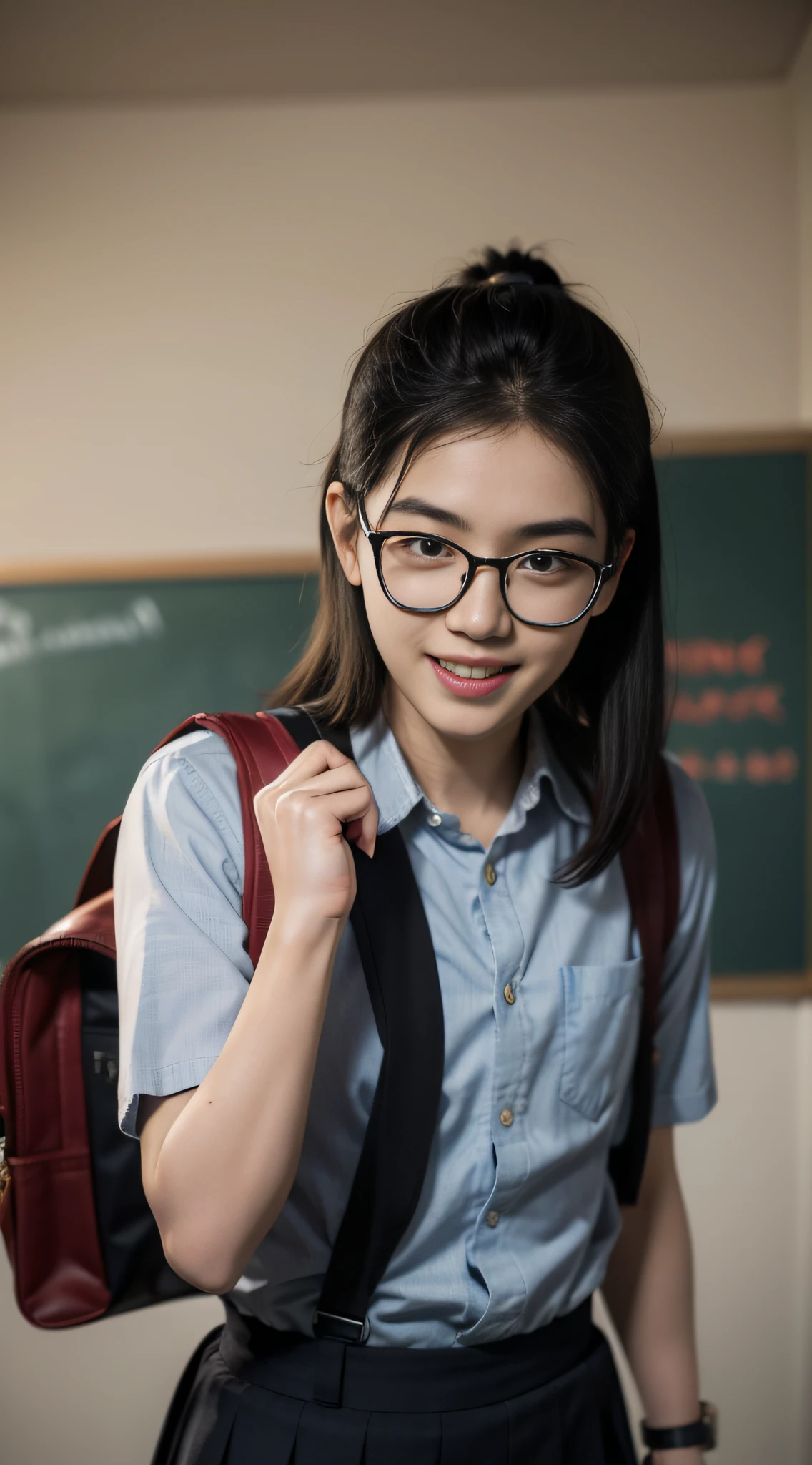 Realiy, realisticlying, movie picture quality, super detailing, Super quality, Super HD, An ordinary male college student, Asian boys, Middle-aged boys, with short black hair, brown glasses, 二重まぶた, in school uniform, Carrying a school bag, ssmile, The face is full of joy, Sunshine Boys