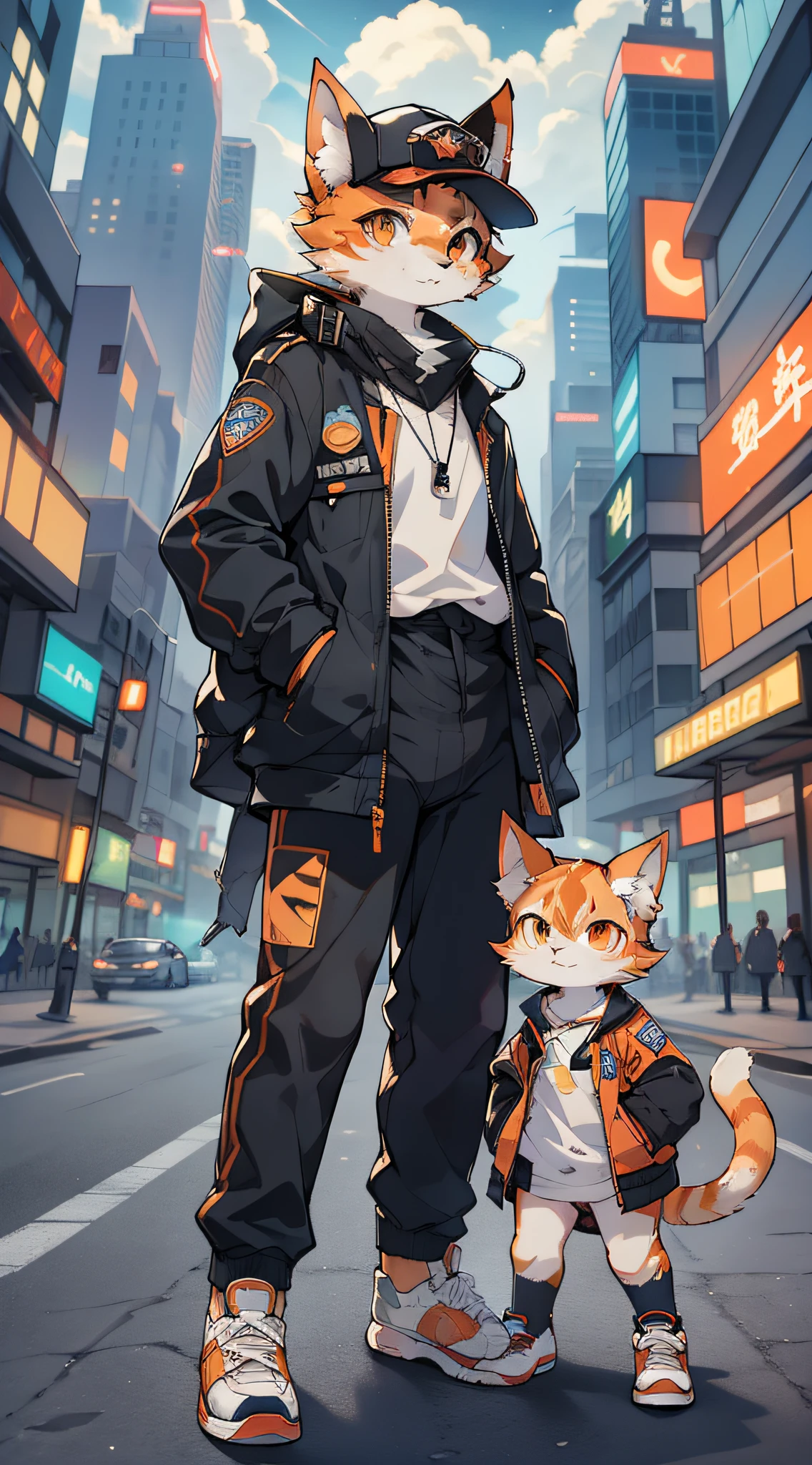 Background cyberpunk style mansion。Dangerous，the city that never sleeps，The color is more purple and blue。Aika:the night，Character depiction:hairy pubic，felid，orange cat，shoun，Orange cat，There is a small knife scar on the left side of the forehead，Wear a cyberpunk jacket printed with auspicious clouds and white sneakers。Goggles on his head。Cross-body bag at waist(satchel)(An image of a city ranger or agent。)，Carry a work card around his neck。Other details:(A white coat that had been taken off was thrown on the side of the road。)He held the dark weapon in his hand。 A group of men in black with baseball bats and some spaceships(UFO)Chasing him，The spaceship strafed the orange cat，The orange cat rolled over and dodged。