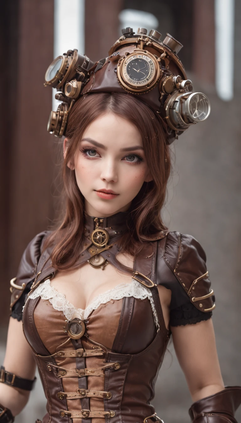 A woman in a corset and steampunk outfit posing for a picture - SeaArt AI