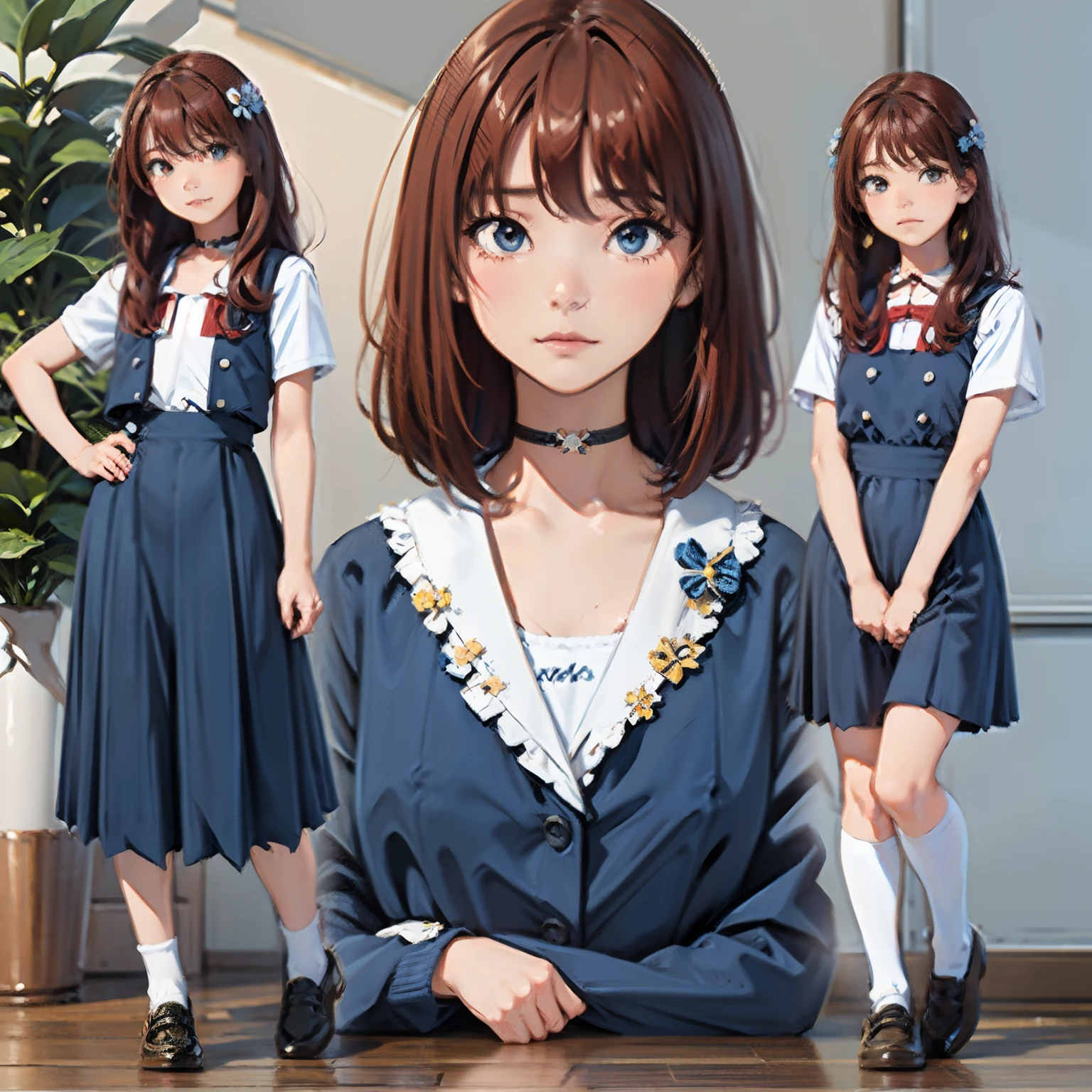 (masterpiece, 4k ,ultra detailed:1.2),(beautiful face:1.2),(anime:1.2),illustration,(solo:1.2),(looking at viewer:1.4),portrait,(supermodel:1.3),(blue school uniform:1.3),(red hair),13yo,(simple choker:1.1),(yellow panties),(string,abs,smartphone,child,small breasts,petite:1.1),(sfw,nipple,flat chest,un dress,:1.4),(from below),(full body:1.2),(flower hair ornament),(multi view:1.3)