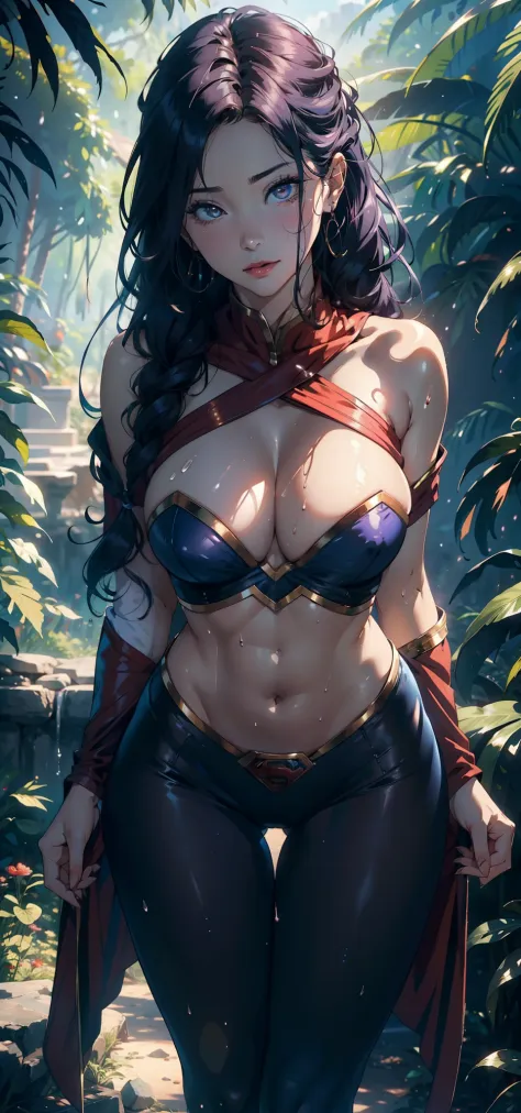 1female，25 age old，Large breasts，long leges，Big breasts Thin waist，Pornographic exposure， 独奏，（Background with：ln the forest，the rainforest，in summer） She has long purple hair，standing on your feet，Sweat profusely，drenched all over the body，seen from the fr...