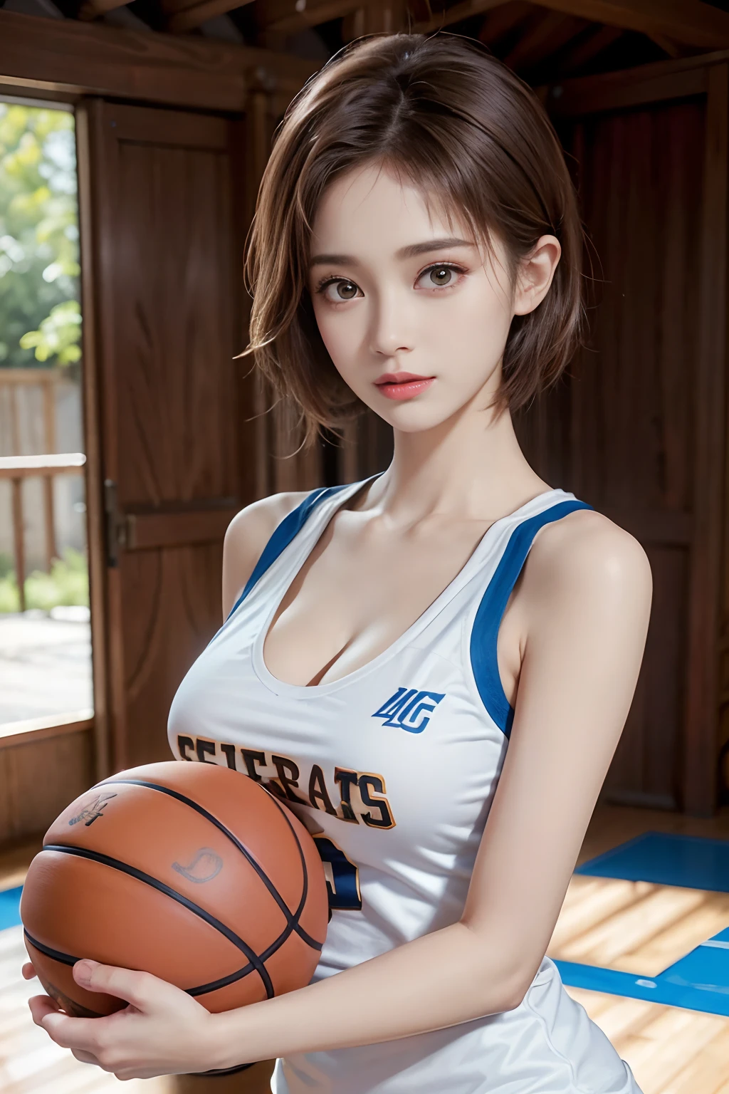 （RAW photos，4K，tmasterpiece，A high resolution，very intricate）（realisticlying：1.4），A delicate girl with facial features in the movie
1 Girl， Single focus， Full body like，Summer noon， Playing the Basketball，Basketball pose，thermography， 1990's\（styled\），White skin，(Bigchest，cleavage)， (Best quality), (A high resolution), (Extremely Delicately Beautiful),,(Beautiful 8k face),(Brown eyes),(Ulzzang-6500:1.0),(Large breasts),(NFFSW),(Basketball sportswear),((Playing basketball)),((gymnasium)),((velocity)),(reality),（jiayi：1.5）， closeup cleavage， tmasterpiece， best qualtiy， RAW photogr， realisticlying， faces， Incredibly Ridiculous res， Buatigar， adolable， short detailed hair， depth of fields， A high resolution， ultra - detailed， finedetail， Very detailed， extremely detailed eye and face， Sharp pupils， pupil realistic， tack sharp focus， cinmatic lighting