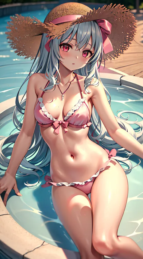 ((Best quality)), ((Masterpiece)), ((Ultra-detailed)), (illustration), (Detailed light), (An extremely delicate and beautiful), Dramatic perspective,A charming young girl,Pink swimsuit,Straw hat top,Swimming