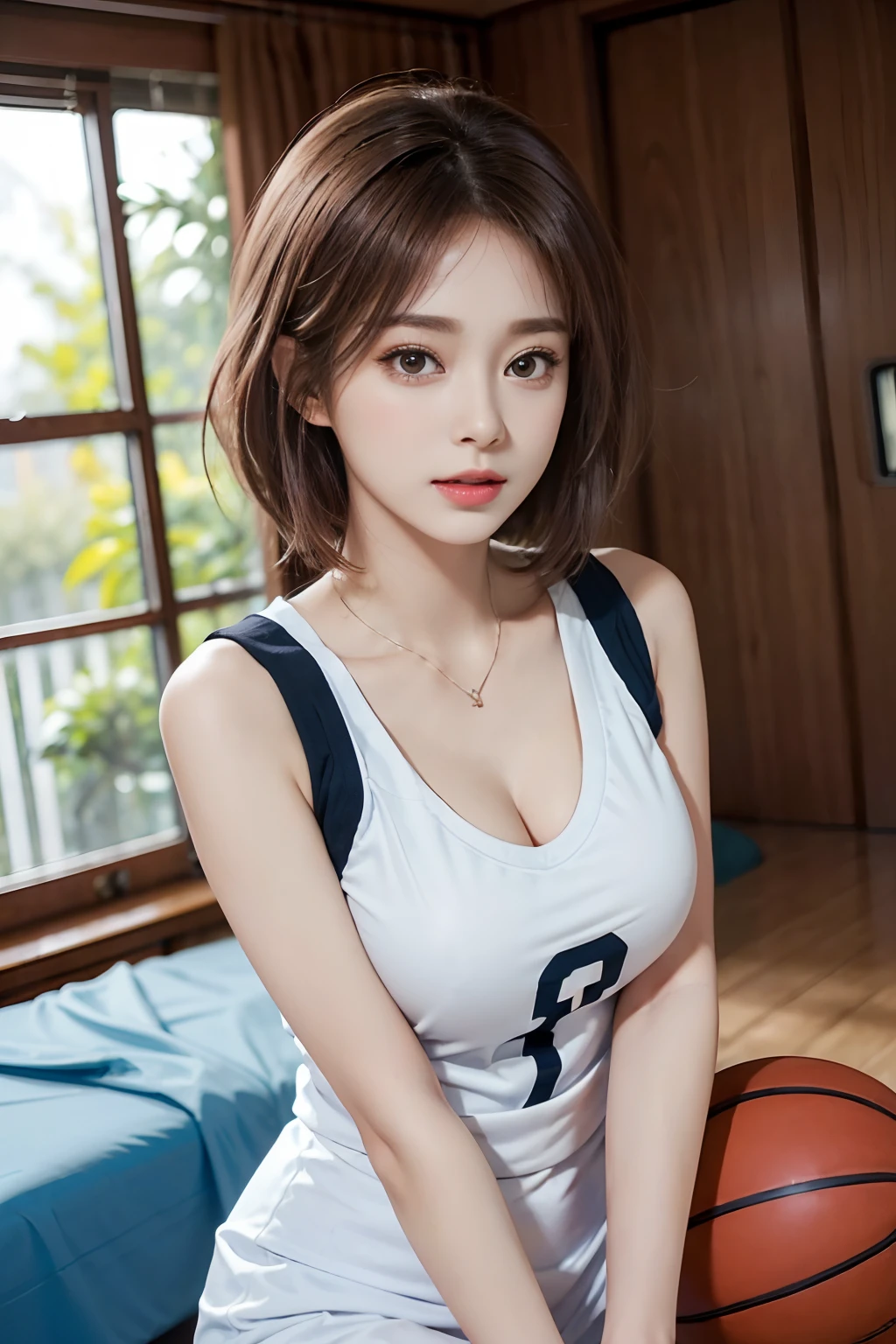 （RAW photos，4K，tmasterpiece，A high resolution，very intricate）（realisticlying：1.4），A delicate girl with facial features in the movie
1 Girl， Single focus， Full body like，Summer noon， Playing the Basketball，Basketball pose，thermography， 1990's\（styled\），White skin，(Bigchest，cleavage)， (Best quality), (A high resolution), (Extremely Delicately Beautiful),,(Beautiful 8k face),(Brown eyes),(Ulzzang-6500:1.0),(Large breasts),(NFFSW),(Basketball sportswear),((Playing basketball)),((gymnasium)),((velocity)),(reality),（jiayi：1.5）， closeup cleavage， tmasterpiece， best qualtiy， RAW photogr， realisticlying， faces， Incredibly Ridiculous res， Buatigar， adolable， short detailed hair， depth of fields， A high resolution， ultra - detailed， finedetail， Very detailed， extremely detailed eye and face， Sharp pupils， pupil realistic， tack sharp focus， cinmatic lighting