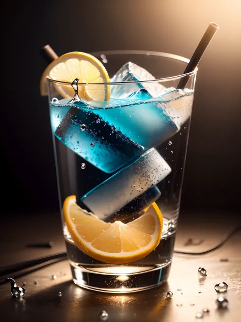 Commercial photography, gin tonic with ice cubes, white lighting, studio light, water splash effect, high resolution photography, insanely detailed