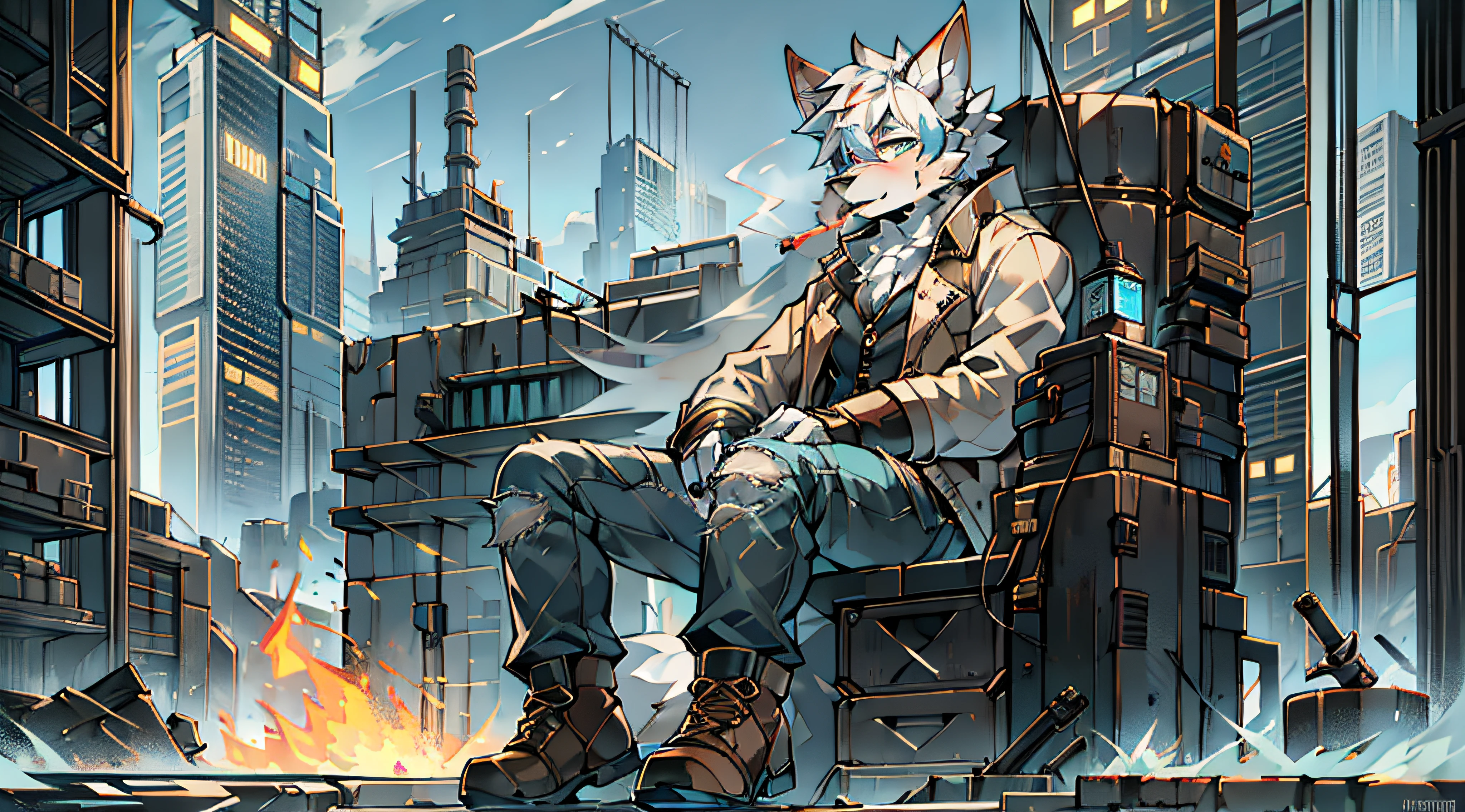 Furry，solo person，独奏，White hair，Wolf orcs，Cyberpunk，Wear a black jacket vest，Wearing a light brown trench coat，wearing blue jeans，Wear high-top boots，Sit on a burning machine，Holding Erlang's legs，Smoking a cigar，Behind him is the destroyed laboratory，The fire burst into the sky，white backgrounid，midynight