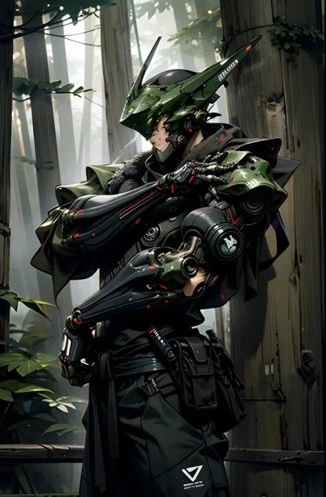 Dark_Fantasy,Cyberpunk,1man,Mechanical ,Robotic ,cyborg, ninja, octane render, (((stealth))), forest background, camoflague