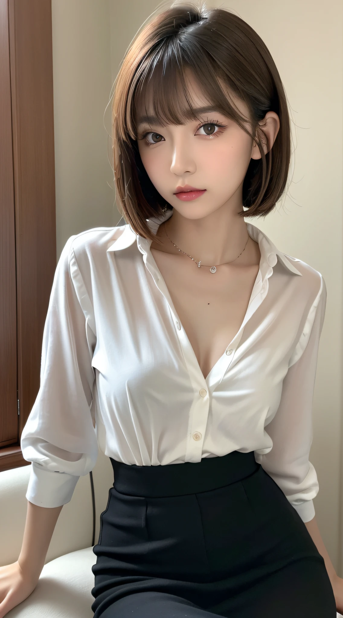 (Best Quality, 8K, masutepiece, Ultra HD: 1.3), 1girl in, small tits ,light brown hair, Blunt bangs, hair behind ear, hair over shoulder, Long hair,  slender body shape, Ultra Fine Face, Delicate lips, Beautiful eyes, Double eyelids, lipsticks, thin blush ,Black eyes ,perfect glossy skin,flawless skin,fair white skin,perspiring,A gaze that invites you, Chest,Ultra-thin hands, Ultra-fine fingers, shirt with collar, tight skirts , beauty legs ,pumps. campus