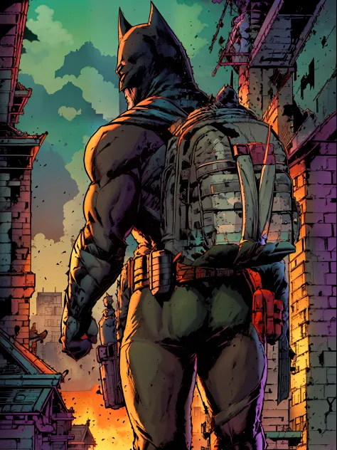 back view, batman confidently stands atop the towering buildings of gotham city, displaying his unparalleled vigilante abilities...