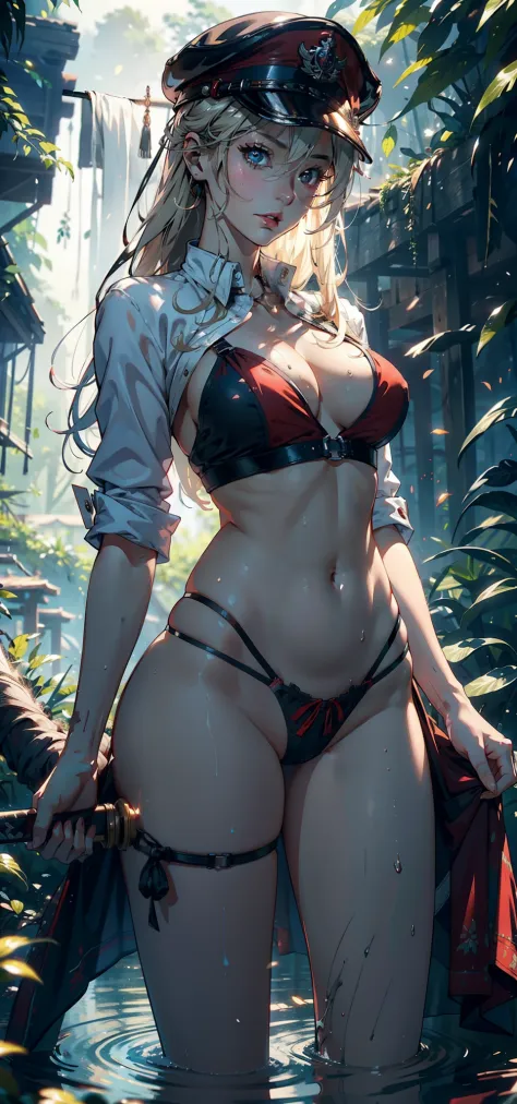 1female，41 years old，熟妇，plumw，Bigchest，Big breasts Thin waist，long leges，nice hand，Pornographic exposure， 独奏，（Background with：ln the forest，the rainforest，in summer，Water on the ground，exteriors） ，Stride，Sweat profusely，drenched all over the body，seen from...