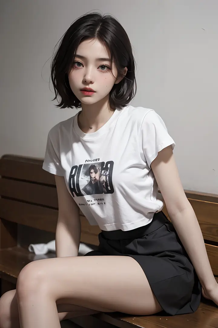 Top image quality、RAW photography、超A high resolution、An 18-year-old female、Shot for one person only、model shoot、Large round chest、nedium breasts、tee shirt、Black skirt、Beautiful Eyes of Details、Very slender eyes、Beautiful eyelashes、beautiful double eyelid、W...