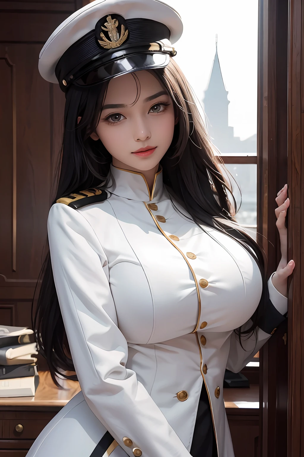 Kizi， an Quority， top-quality， big breasts beautiful， prette， The sheen，On warships， tmasterpiece，white naval uniform， Long black hair，With a military cap，The eyes are sharp and affectionate，A sweet smile，Fighting posture，（（（full armour：1.8））），white colors，（（（detail in face：1.2）））