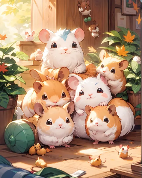 there are many hamsters that are sitting together in the sun, hamsters, maplestory mouse, cute mouse pokemon, cute digital art, cute detailed digital art, hamsters holding rifles, adorable digital painting, cute artwork, 🍁 cute, 4 k manga wallpaper, cute a...
