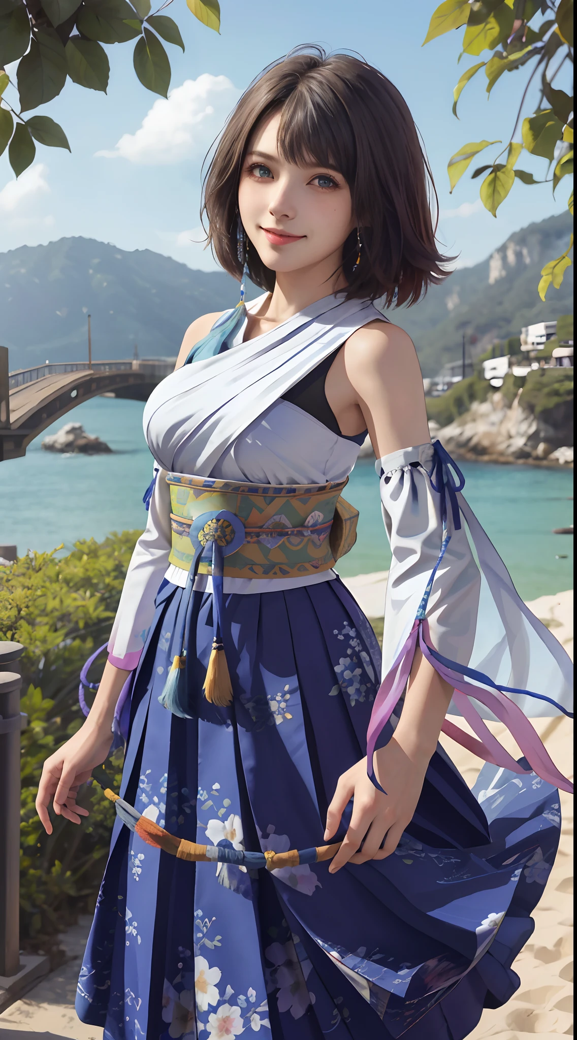 Masterpiece, Best quality, absurderes, Perfect anatomy, 1girll, Solo, YunaFFX, Heterochromia, Short hair, YunaOutfit, hair adornments, Detached sleeves, hakama, sash, Hakama skirt, Long skirt, Cowboy shot, Smile,