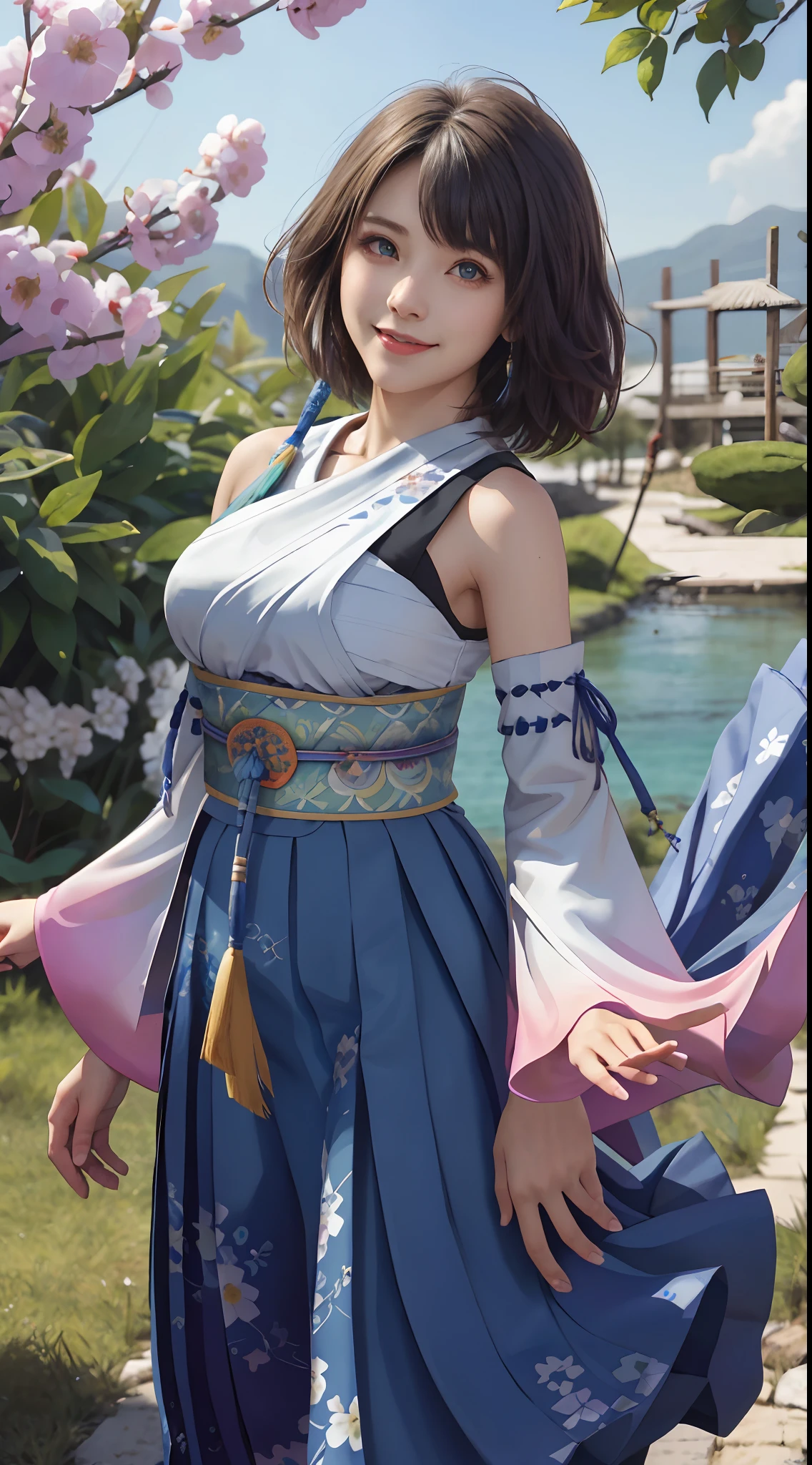 Masterpiece, Best quality, absurderes, Perfect anatomy, 1girll, Solo, YunaFFX, Heterochromia, Short hair, YunaOutfit, hair adornments, Detached sleeves, hakama, sash, Hakama skirt, Long skirt, Cowboy shot, Smile,