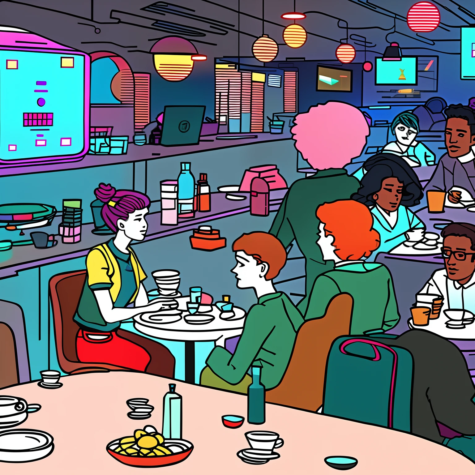 한 무리의 외계인 만화 삽화와 함께 테이블에 앉아 있는 여자，젊은 남자와 여자, 사이버펑크 베이퍼웨이브, 증기파 만화, [ 신디웨이브 아트 스타일 ], 증기파 SF, 에일리언 바