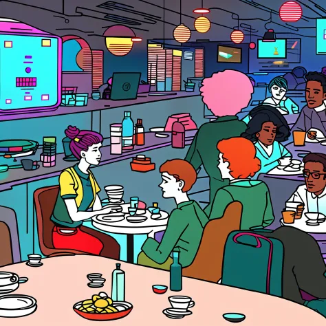 A woman sitting at a table with a group of aliens cartoon illustration，a young man and a woman, cyberpunk vaporwave, vaporwave cartoon, [ synthwave art style ], vaporwave sci - fi, Alien Bar