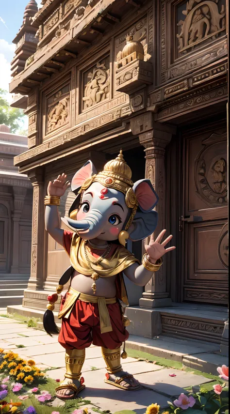 Cute ganesha elephant little boy, pop mart, golden armor, big eyes, character front view, waving moves, brown color palette, temple, india, chennai, surrounded by colorful flowers, on warm old temple background, sun, rich details, pixar, 3d, --auto --s2