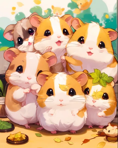 there are six cute hamsters sitting together in a pile with a leaf, hamsters, hamsters holding rifles, hamster, maplestory mouse, cutecore, photo of a hamsters on a date, 🐿🍸🍋, cute creatures, cute animals, cute mouse pokemon, awwwww, cute digital art, cute...