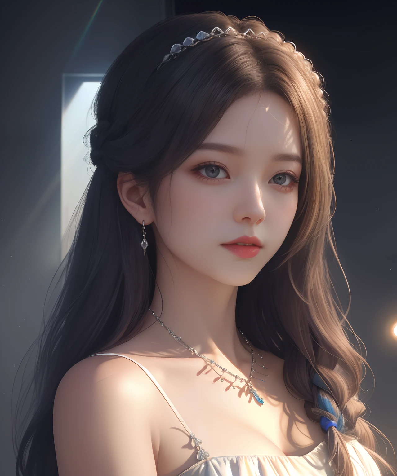 Best quality、tmasterpiece、A high resolution、1girl、Porcelain dress、Delicately braided hair，Fine hair accessories、Fine Necklace、detailed jewellery、pretty  face、Physically、Tyndall effect、realisticlying、Shadow Studio、edge lit、bicolor lighting、（highdetailskin：1.2）、8k UHD、dslr、softlighting、high high quality、volumettic light、sneak shot、photore、A high resolution、4k、8k、The background is blurred out，