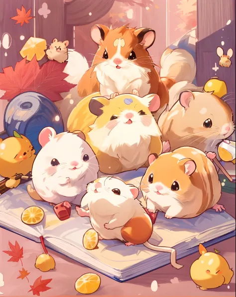 there are many hamsters that are sitting on a book, hamsters, 🐿🍸🍋, cute mouse pokemon, maplestory mouse, hamster, cute colorful adorable, cute artwork, cute art style, hamsters holding rifles, 🍁 cute, cute detailed artwork, 4 k manga wallpaper, cute detail...