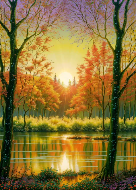 painting of a sunset in a forest with a lake and trees, cena quente e bonita, Nascer do Sol do Outono Luz Quente, pintura digita...