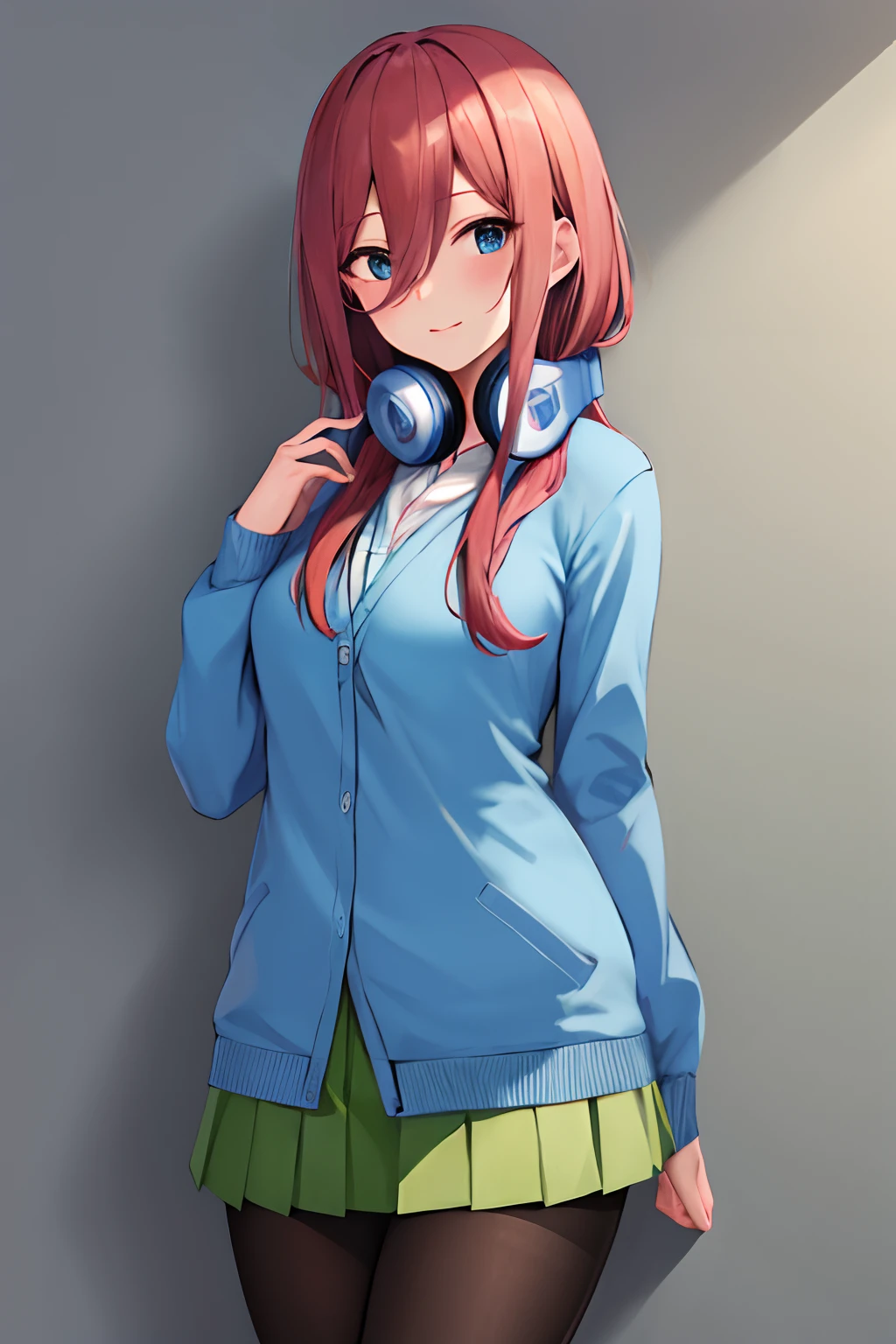 masterpiece, best quality, highres, nm1, headphones around neck, school uniform, long sleeves, blue cardigan, green skirt, pantyhose, cowboy shot, standing