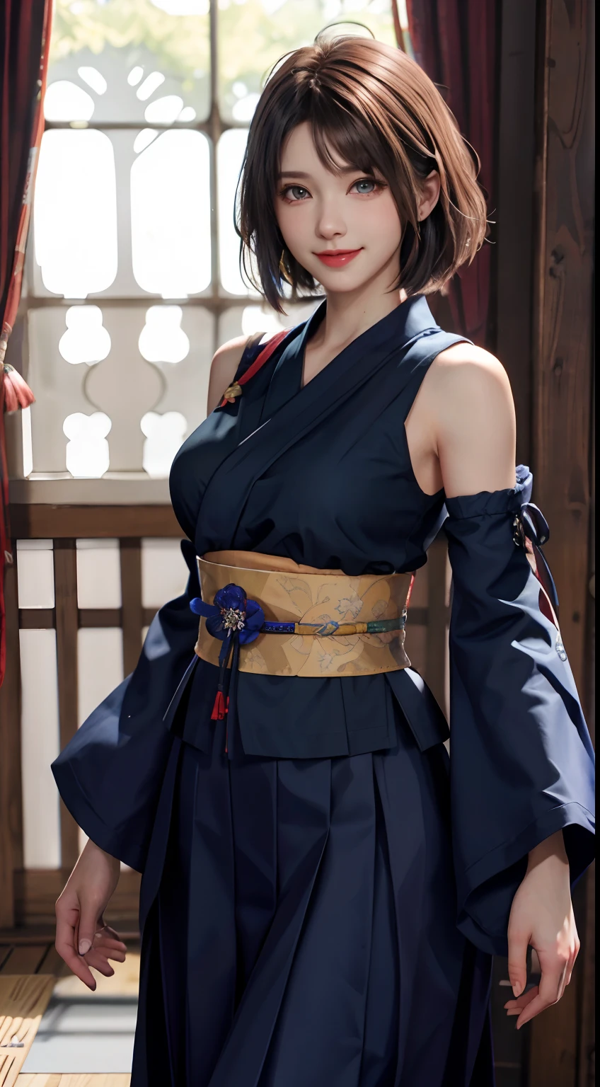 Masterpiece, Best quality, absurderes, Perfect anatomy, 1girll, Solo, YunaFFX, Heterochromia, Short hair, YunaOutfit, hair adornments, Detached sleeves, hakama, sash, Hakama skirt, Long skirt, Cowboy shot, Smile,