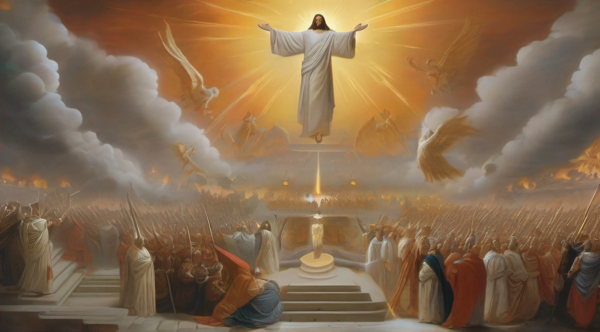 A painting of jesus standing on a cross in front of a crowd - SeaArt AI