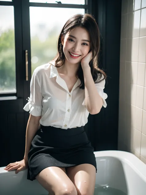 1girl，The girl sat in the bathtub laughing，hands on face, in bathroom, tinas, photoshoot for skincare brand, in bathroom, with backdrop of natural light, with a seductive smile, exclusive, Relaxed, shot on canon eos r 5, shot on a Canon EOS R5, wet blouses...