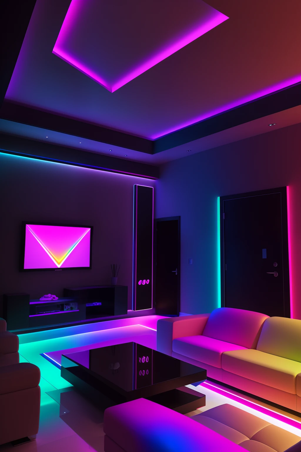 interior living room, rainbow lighting, colored lighting, volumetric rainbow lighting, Colorful lighting, rgb gamer toilet, led light strips, Dramatic colored lighting, Colourful lighting, Colored indicators, Dramatic colored lights, RGB lighting, Luminous interior lighting, rgb led lights, Cheerful ambient lighting, extremely luminous bright design, rgb ethereal lighting